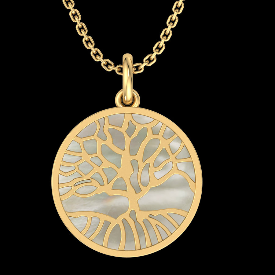9k YG Solid Tree of Life Pendant with Mother of Pearl 16mm wide