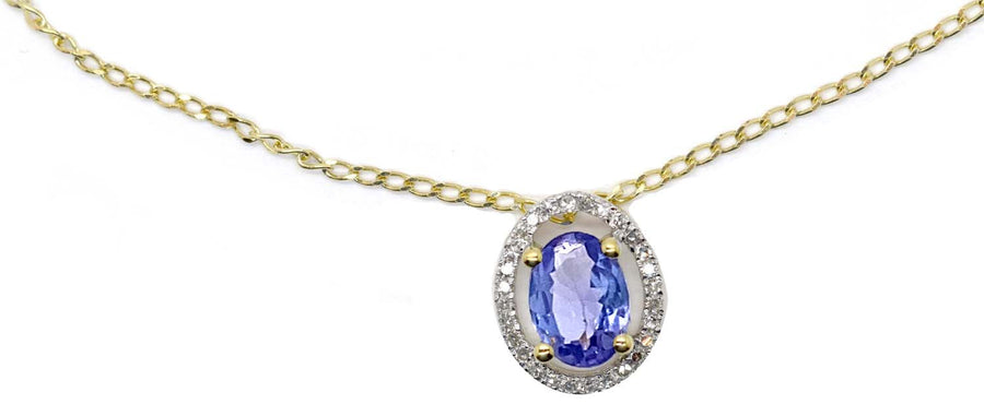 9k YG 7x5mm Oval Tanzanite & Diamond Pendant 1Tanz=0.70ct & 28D=0.08ct with Oval Link Chain 45cm O-Ring at 43cm & 44cm 1mm Wide . Meas. 9x7mm