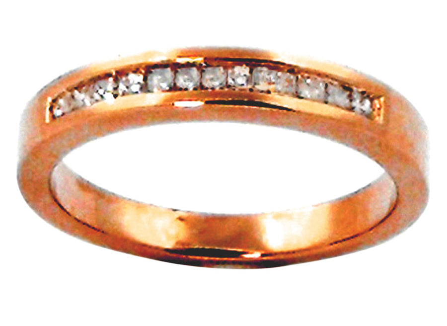 9k RG Diamond Ring  Channel-Set  Princess Cut  12D = 0.25ct  Col: I  Clar: P1  Size M.