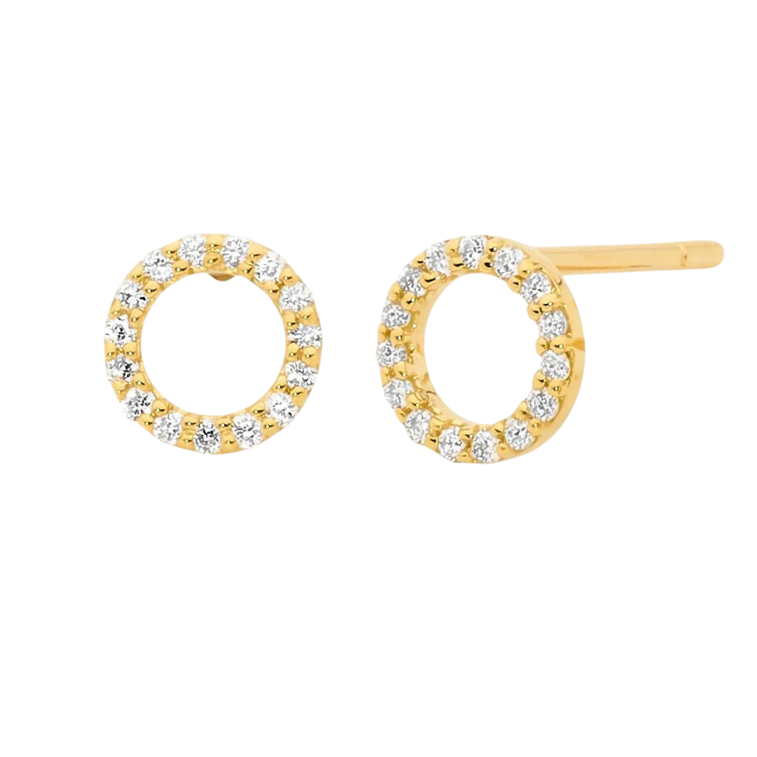 9k YG CZ Outline Circle Stud Earrings 7.5mm