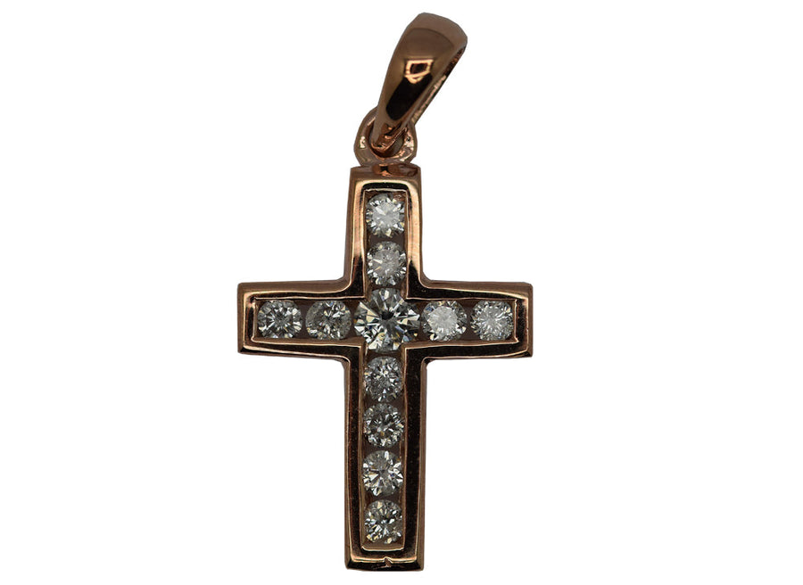 9k RG Diamond Cross Pendant 11D=0.28ct Channel Set . Meas. 15mm x 11.5mm