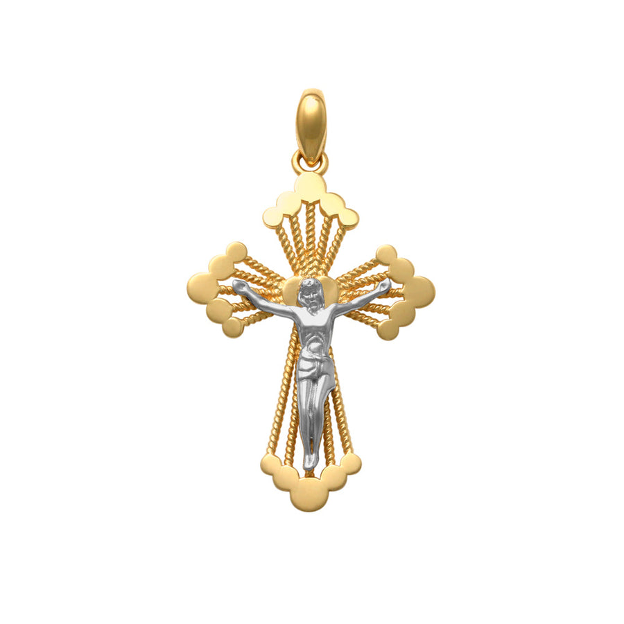 18k 2T Solid YG Fancy Budded Crucifixion Pendant with WG Christ 19x13mm