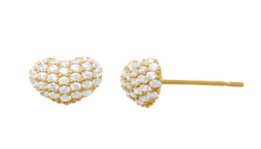 9k YG CZ Pave Set Heart Stud Earrings 6x6.8mm