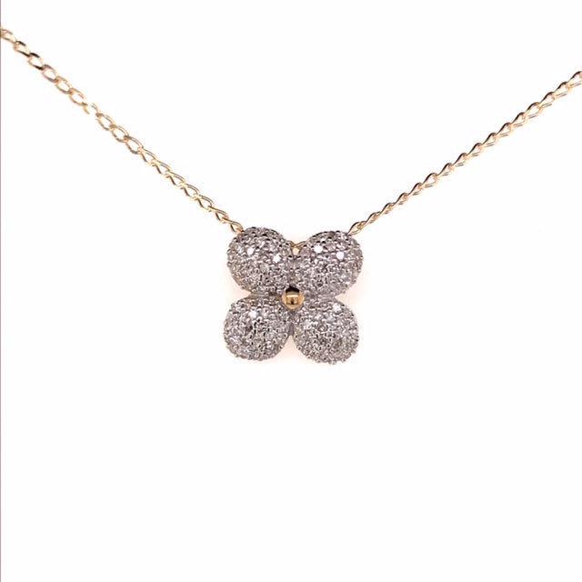 9k YG Flower / Four Leaf Clover Pave Diamond Pendant 120D=0.30ct with Oval Link Chain 45cm O-Ring at 43cm & 44cm 1mm Wide . Meas. 11mm