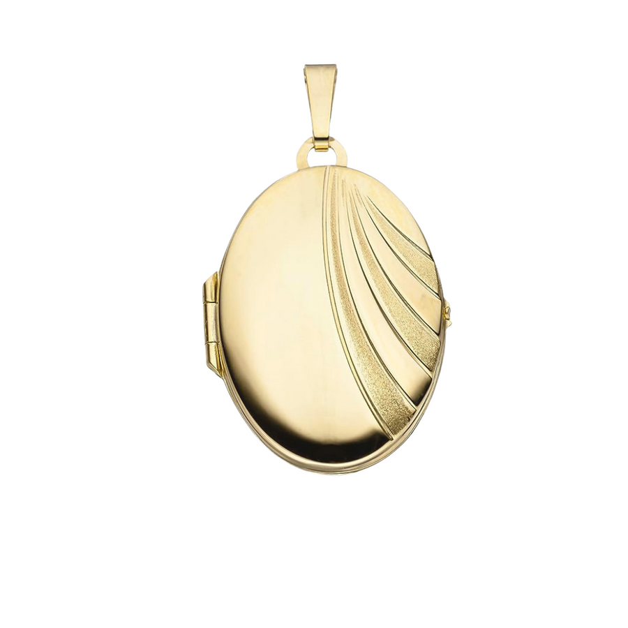 9k YG German Matte Oval Locket with polished fan 16x23mm