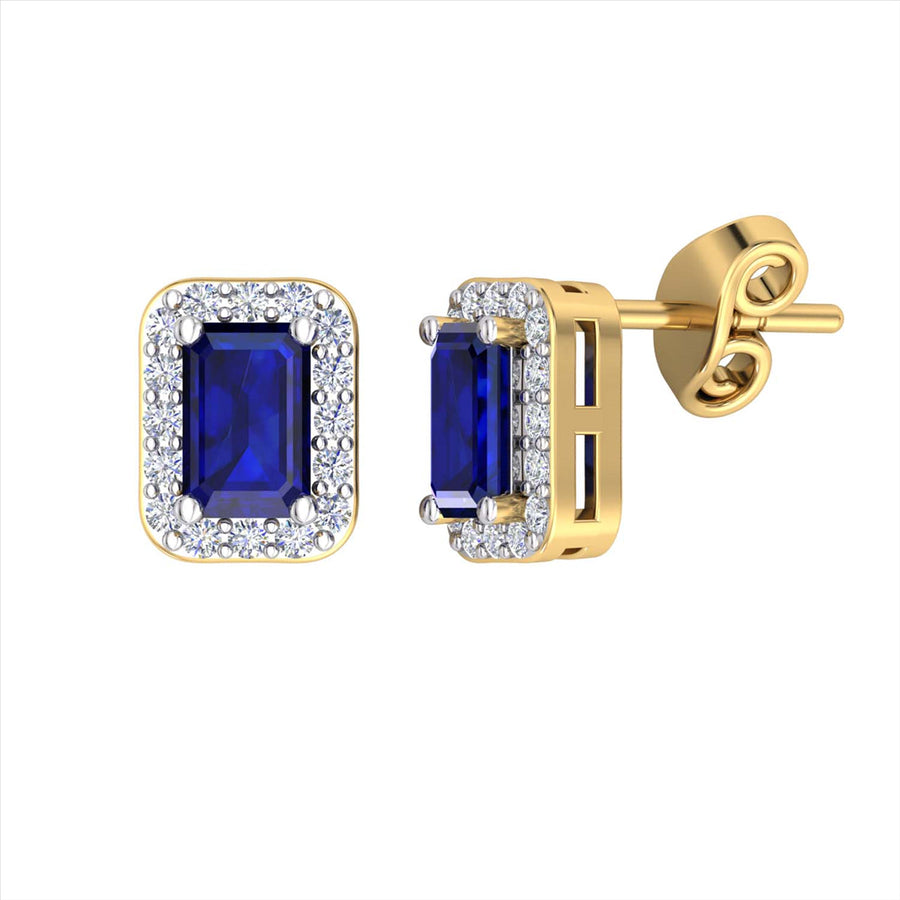 9k 2T Diamond & Natural Sapphire Stud Earrings 32D=0.16ct & 2Sapp (5x3mm)=Approx 0.65ct Claw Set. Meas. 7x5.5mm