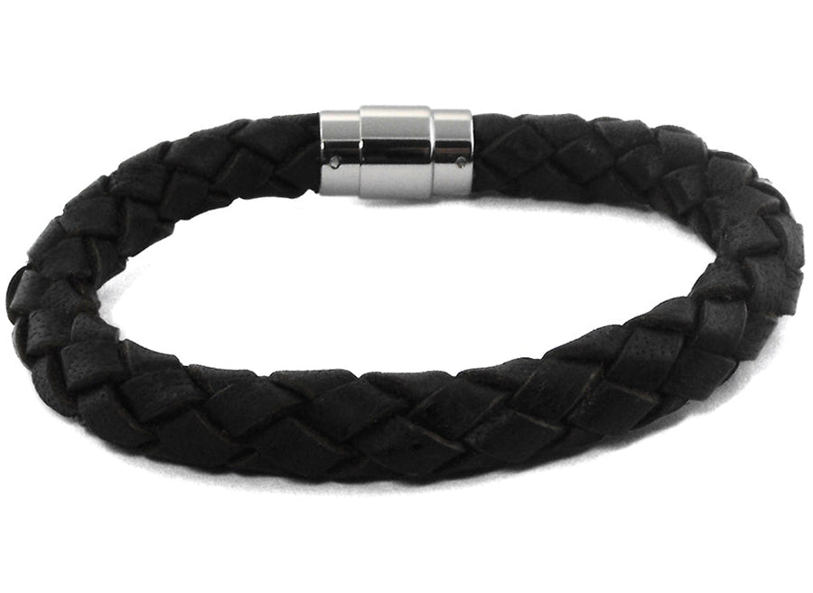 Stainless Steel Plaited Leather Bracelet  10mm  Black  23cm & Gift Box.