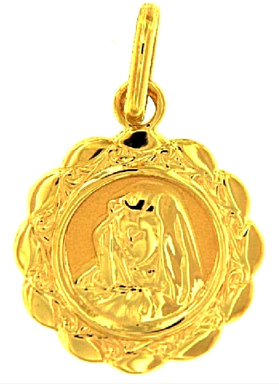 9k YG Italian Solid Round Medallion Pendant with Madonna . 13mm wide