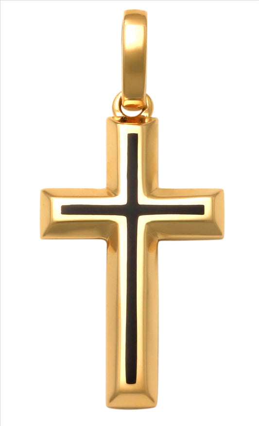 9k YG Solid Cross Pendant with Black Enamel centre 17mm x 10mm