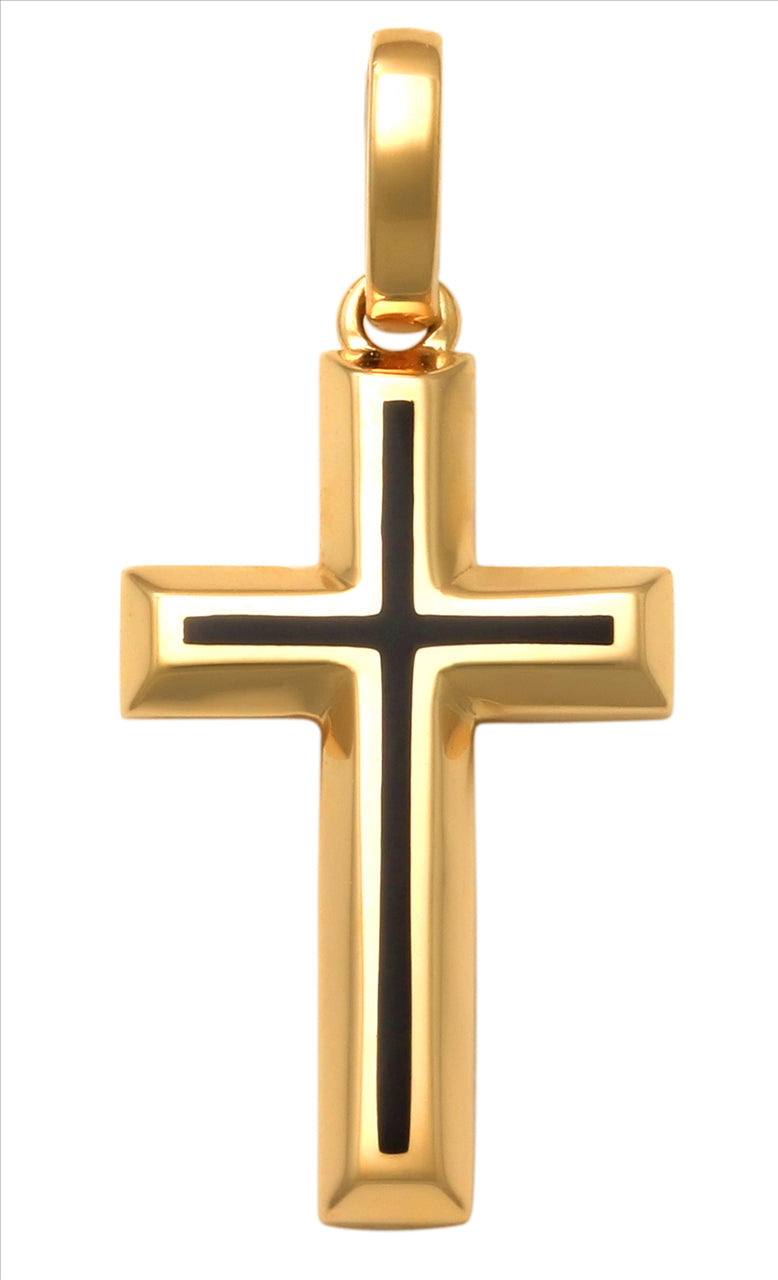 9k YG Solid Cross Pendant with Black Enamel centre 17mm x 10mm