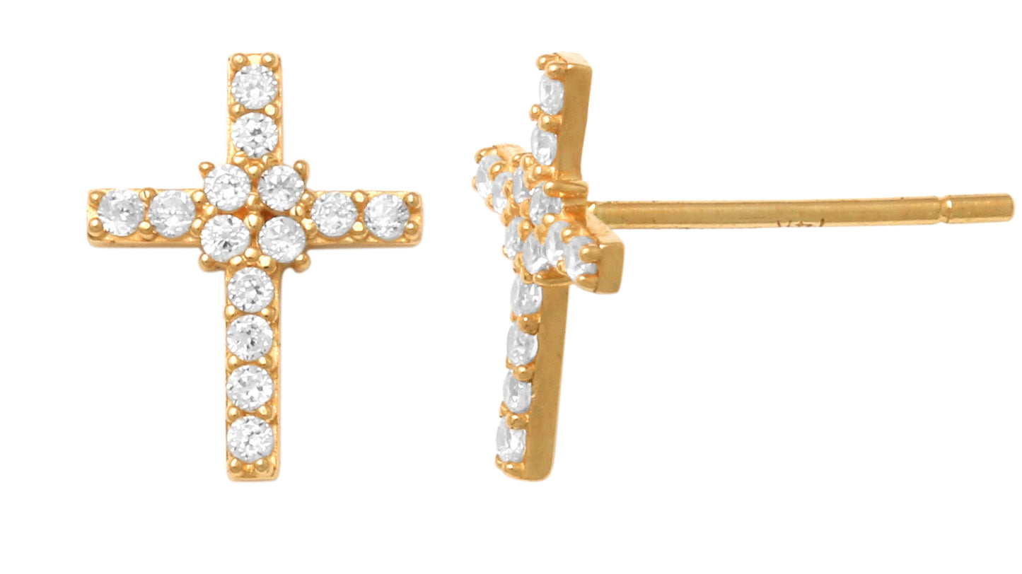 9k YG CZ Cross Stud Earrings 9x7mm