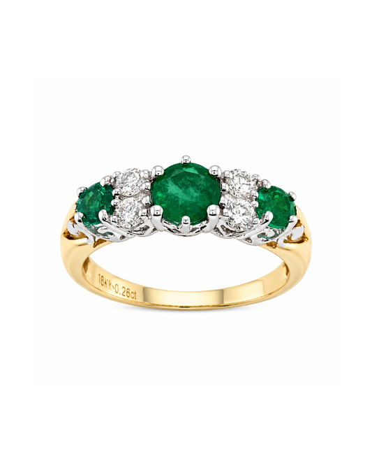 18k 2T Natural Emerald & Diamond Dress Ring with 3 Emerald=1.00ct & 4D=0.26ct. Size M