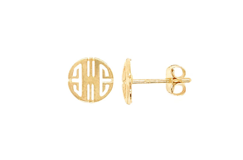 9k YG Round Greek Key Design Stud Earrings 7mm