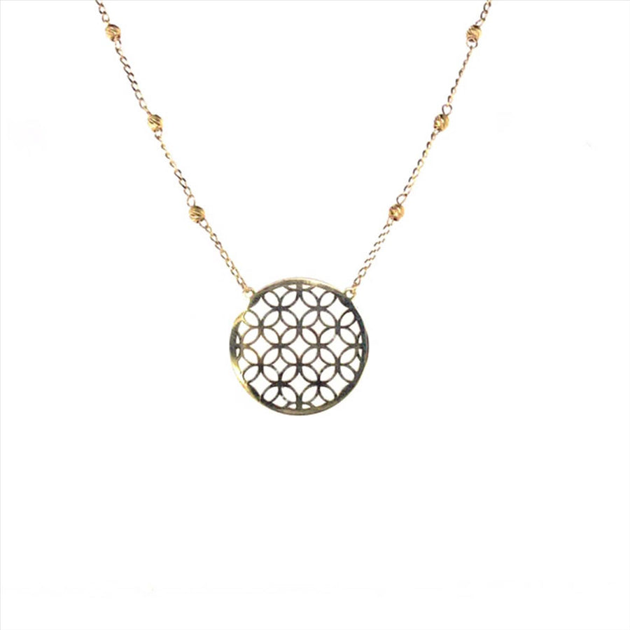 9k YG Circle Pendant with Oval Link & 2.5mm Ball Chain 45cm O-Ring at 43cm & 44cm 1mm Wide . Meas. 20mm