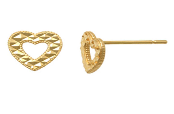 9k YG Diamond Cut Heart Stud Earrings