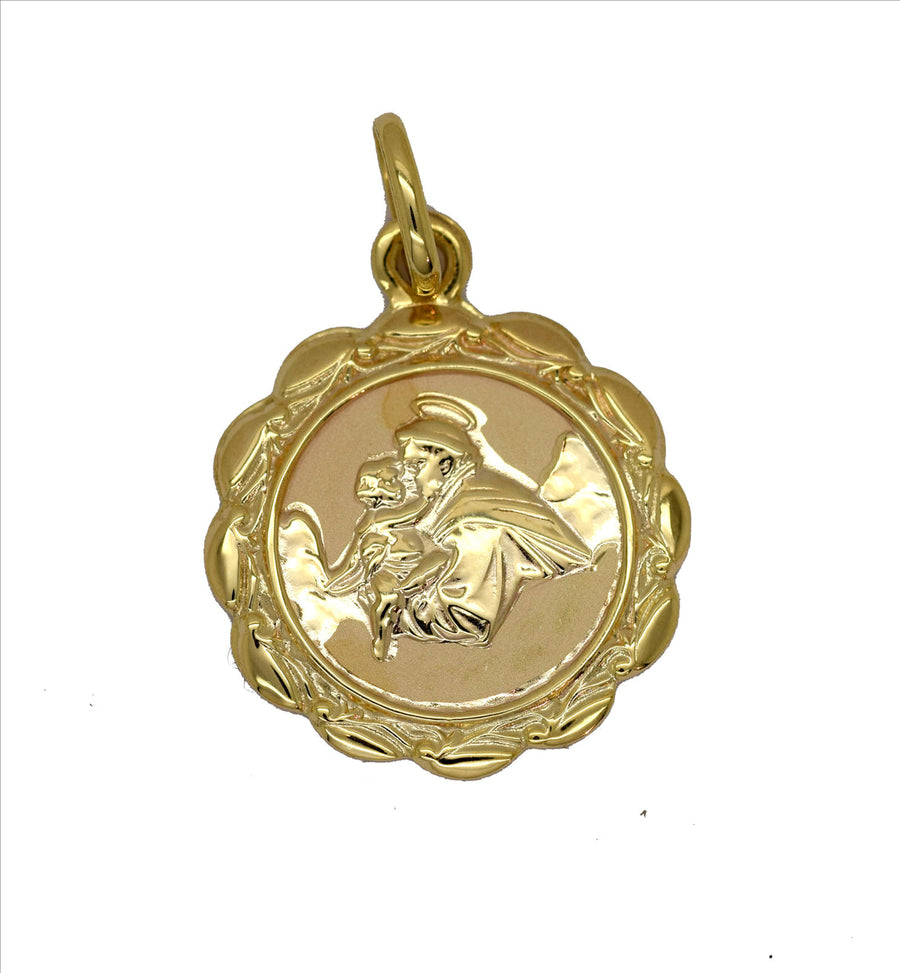 18k YG Italian Solid Round Scalloped Edged St. Anthony Medallion Pendant 17mm Approx 2.0g