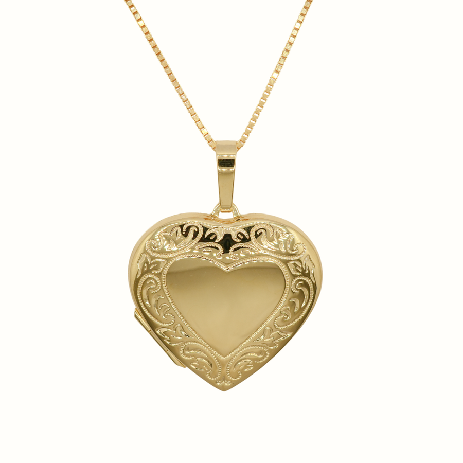 9k YG German Engraved Heart Locket. 30mm