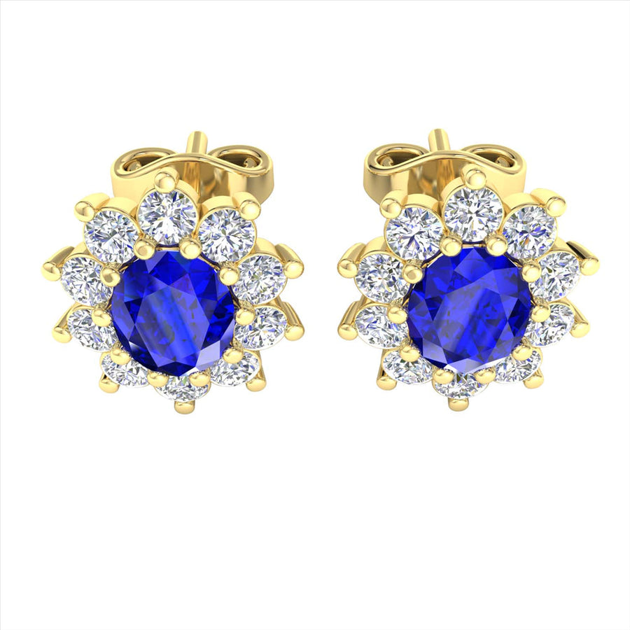 9k 2T Diamond & Natural Clarity Enhanced Sapphire Cluster Stud Earrings 20D=0.50ct & 2Sapp (4x5mm)=Approx 0.90ct.  Meas. 10x8.5mm