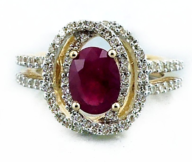 9k YG Oval 8x6mm Ruby and Diamond Ring  1Ru=1.21ct 78D=0.46ct Size N