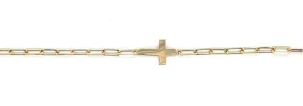 9k YG Solid Paperclip Chain 2.25 x 5.5mm wide, with Cross 10 x 7mm,  45cm. O-Ring at 40cm. Approx. 3.36g