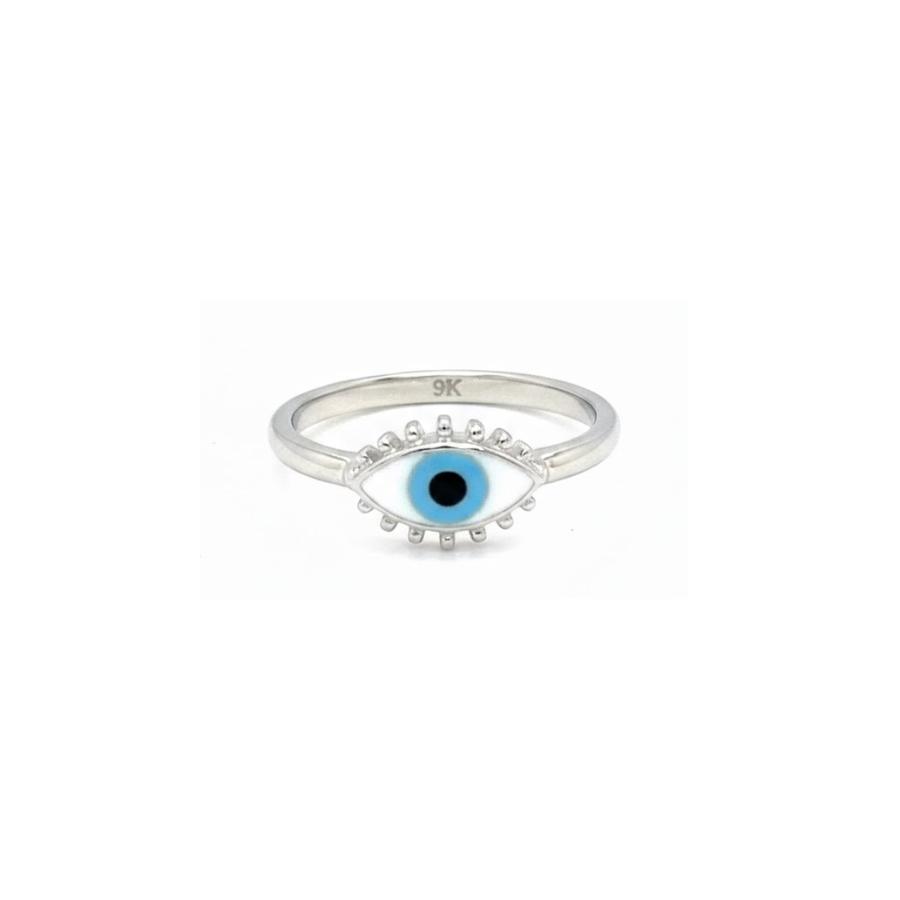 9k WG Eye Ring with Plain Band 7mm. Size O1/2