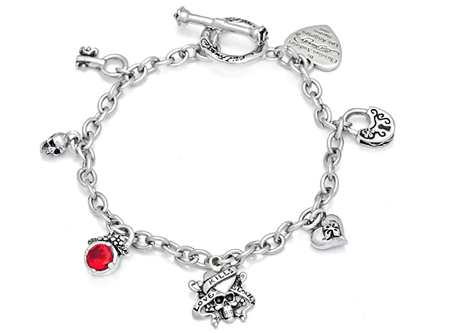 Stainless Steel Multi Pnd Bracelet (Key Skull Heart Lock Lks) Ruby. RRP$115.90