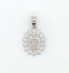 WG CZ Flower Pendant with Miraculous Madonna . 11.5x14mm