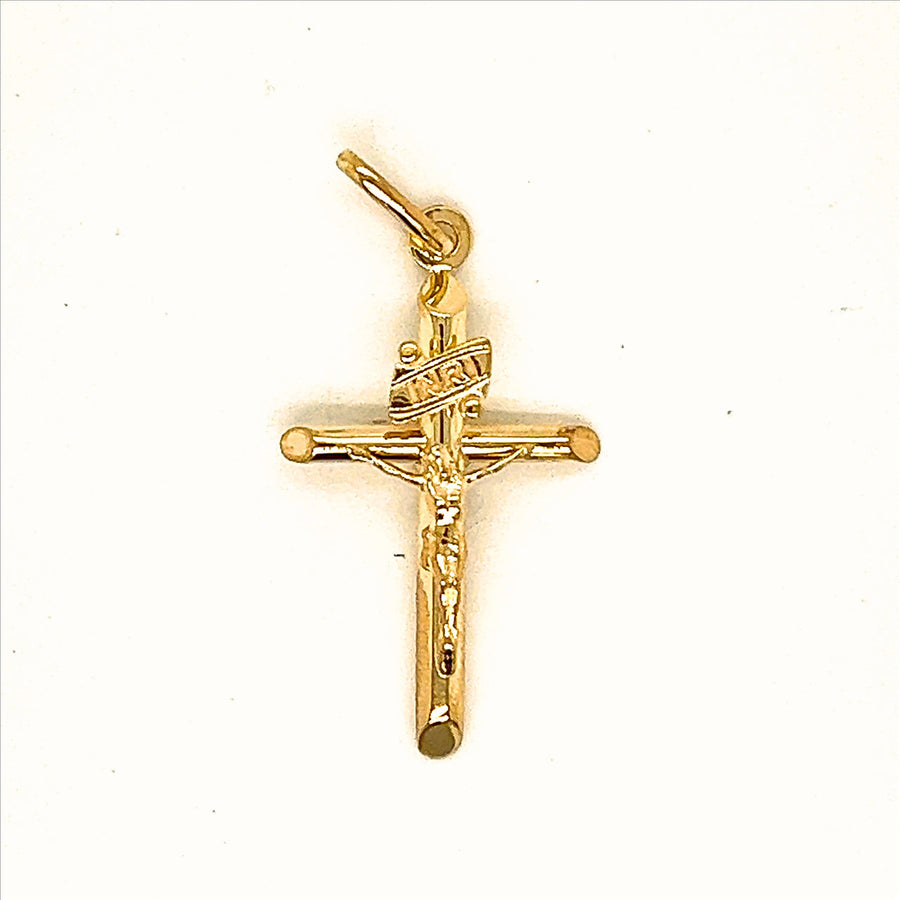 18k YG Round Tube (Salami Cut) Crucifixion Pendant 25x17mm.