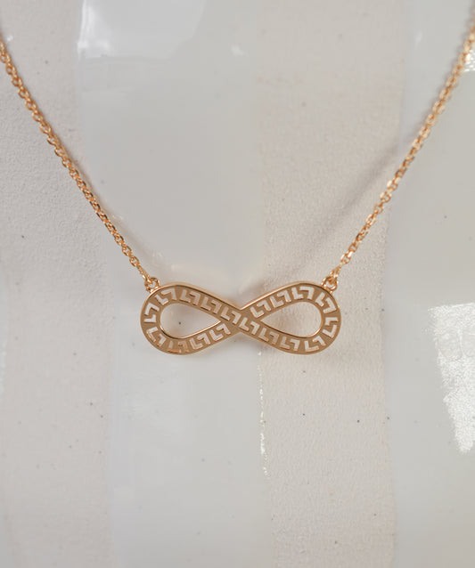 9k YG Greek Key Design Infinity Pendant 25mm with Oval Link Chain 45cm O-Ring at 42cm.
