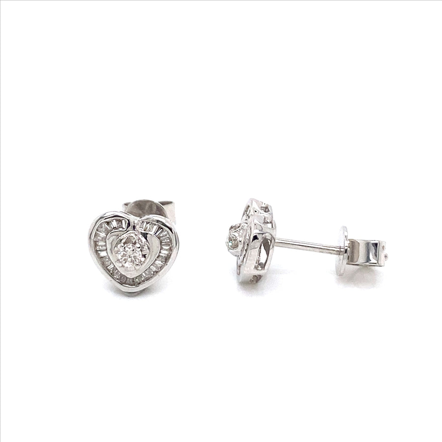 18k WG Diamond Heart Stud Earrings 2D=0.07ct & 45D=0.18ct. 7.4mm Diameter.