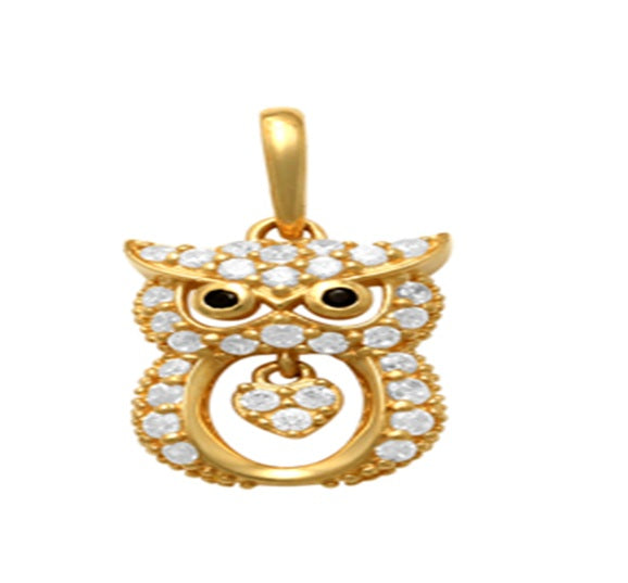 9k YG Owl Pendant set with Black & Clear CZ's 11mm x 8mm