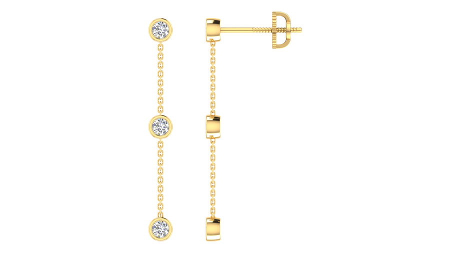 9k WG Diamond Drop Stud Earrings with 0.80mm wide Chain, length 3.50cm. Bezel Set with 6D = 0.30ct. Screw Back Butterfly Findings.