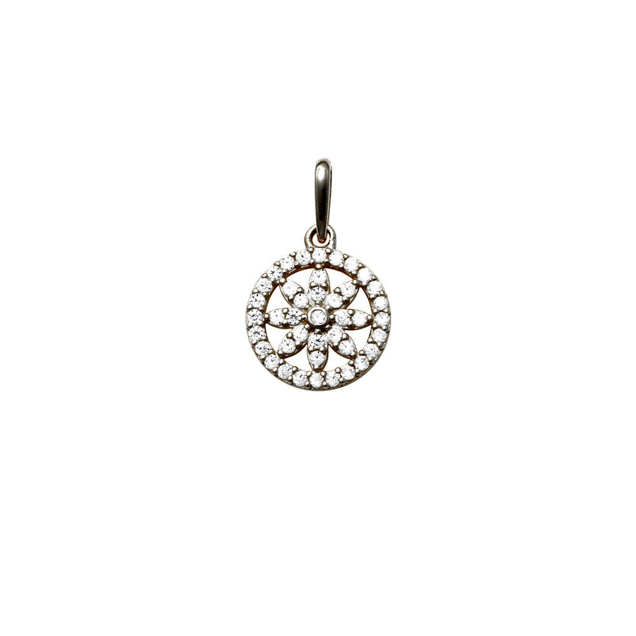 9k WG Circle Pendant Flower design in centre set with CZ's 10mm
