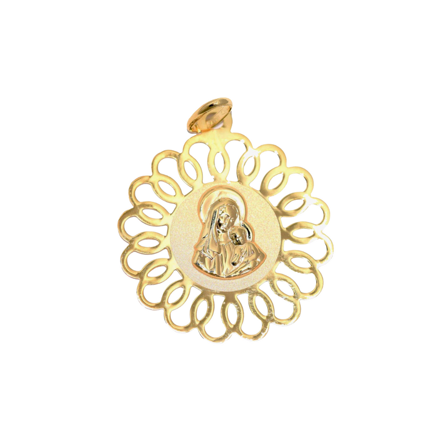 9k YG Italian Solid Madonna Pendant with Cursive Flower Border . 23mm wide