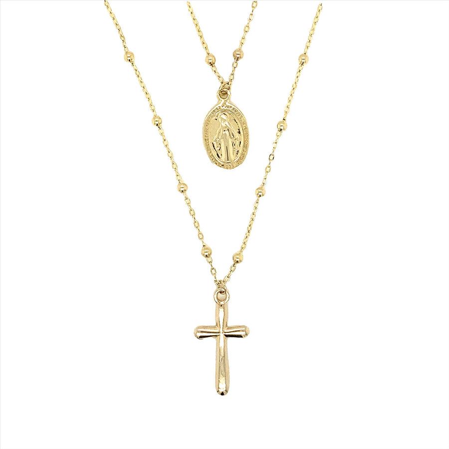 9k YG Double Oval Link Chain with 2mm balls. Cross Pendant at 55cm and Madonna Pendant at 45cm