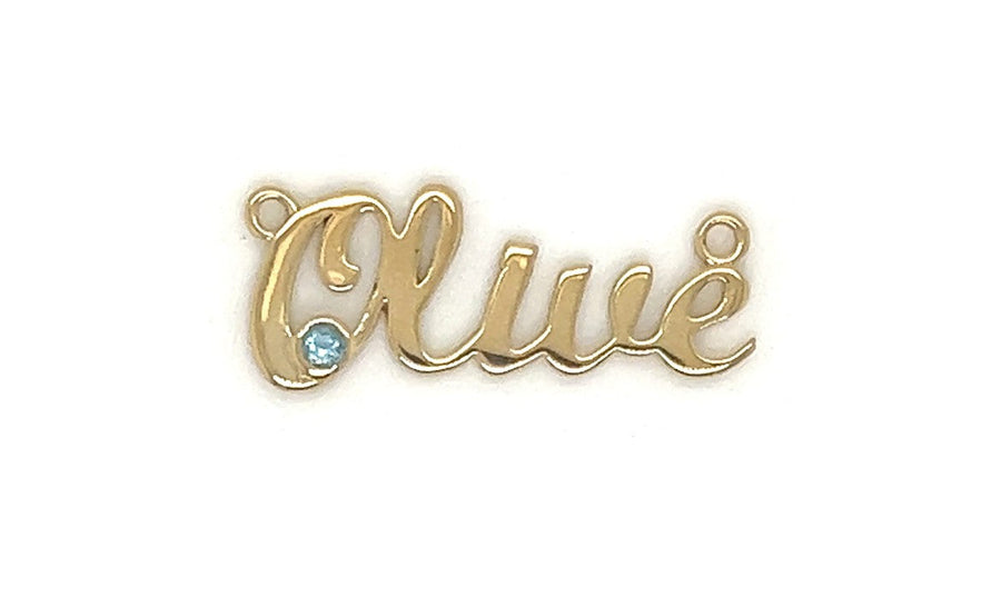 9k ALL Yellow Gold Olive Name  (Letter O: 8mm) set with Topaz stone (no chain)