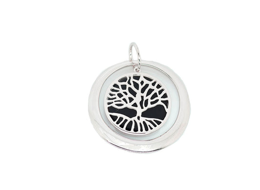 "925 Tree of Life with Outer Circle Pendant, with Black onyx  placed behind the tree of life pendant."