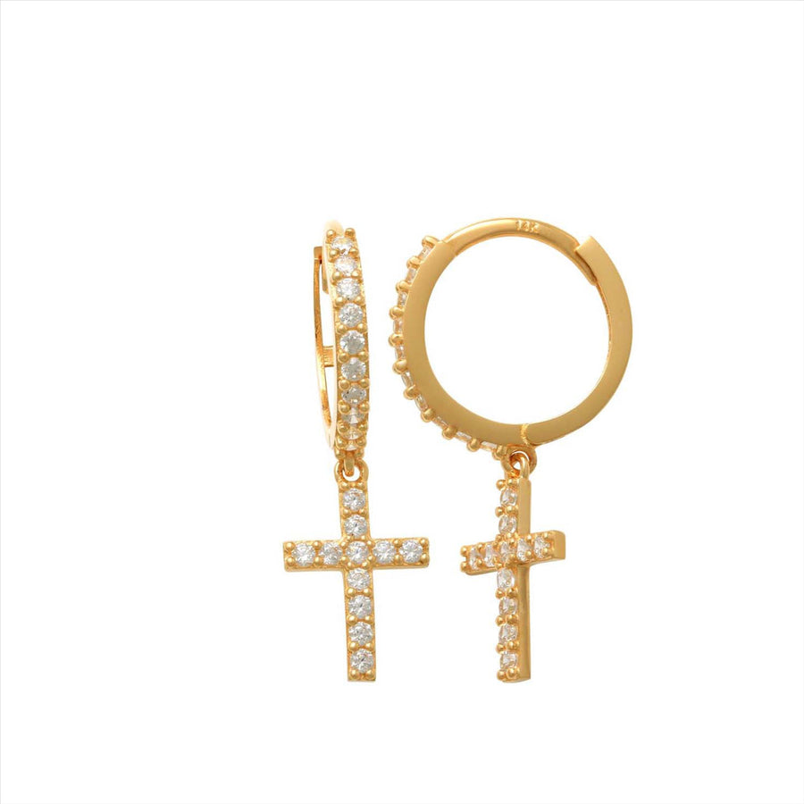9k YG CZ Drop Cross Round Huggie Earrings 10mm Diameter 10.5x8mm CZ Cross