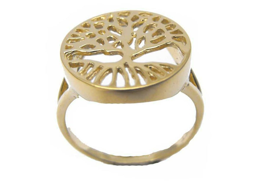 9k YG Circle  Tree of Life Ring. Size Q. 16 mm wide.