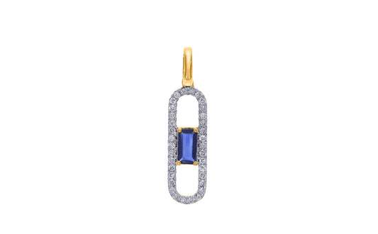 9k YG Long Oval Diamond Pendant with Sapphire Centre, 34D Approx 0.13ct, 1BSA Approx 0.27ct. Meas. 15x6mm