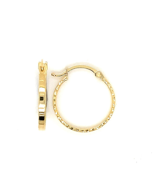 9k YG Round Hoop Earrings 20mm Diameter. Square Tube with Textured Sides 2mm