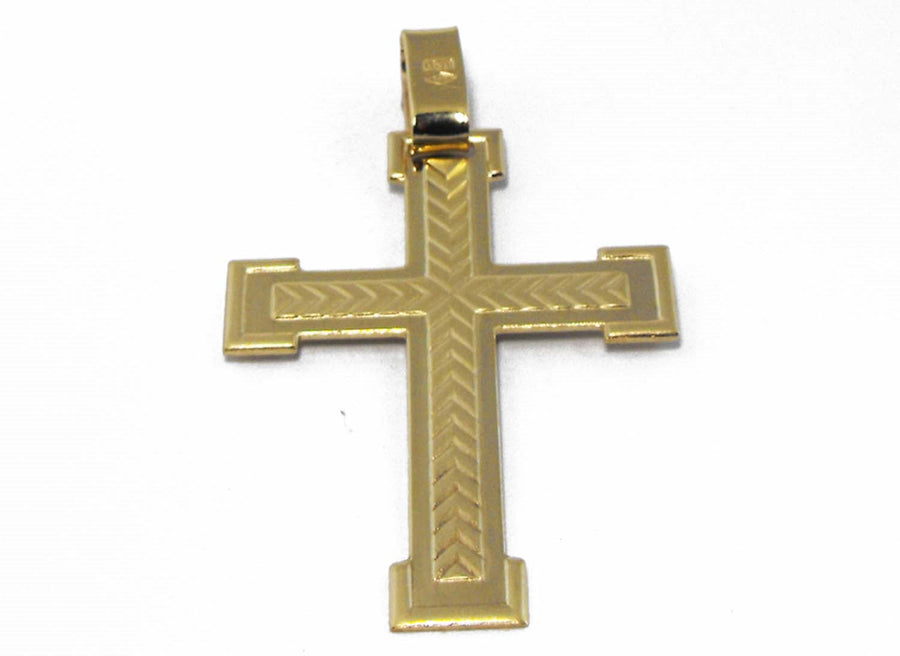 9k YG Solid Patterned centre Cross Pendant 42mm x 30mm