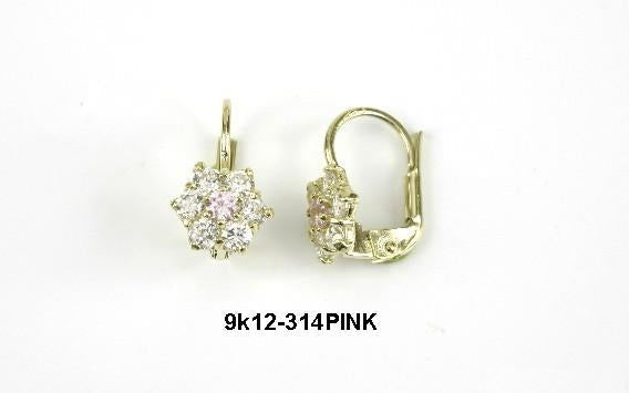 18k YG CZ Euro Clip Earrings with Pink & CZ Cluster 10x6mm