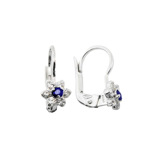 18k WG CZ Euro Clip Earrings with Blue & CZ Cluster 10x6mm