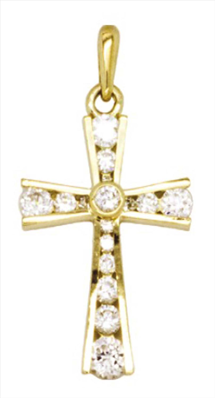 9k YG Solid CZ Channel Set Flared Cross Pendant with 16 CZ's including 1 Bezel Set centre stone 25mm x 15mm