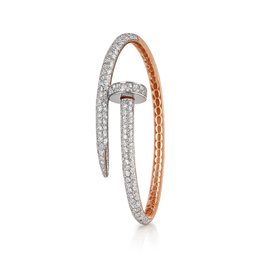 9k RG Hinged Diamond Nail Bangle, 269D = 2.81ct, SI1 G. 54x47mm