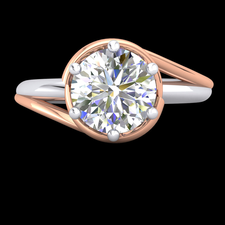 "Mel" 9k 2T 6.5mm (1ct) CZ Solitare Ring with white gold band and rose gold bezel twirl. Size N