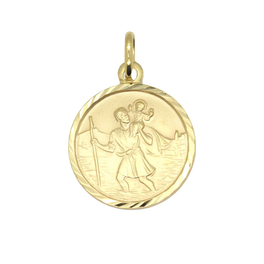 9k YG Italian Solid Round Medallion Pendant with St Christopher . 16mm wide