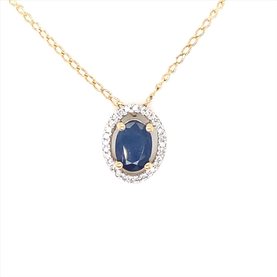 9k Yellow Gold 7x5mm Oval Sapphire and Diamond Pendant 1Sap=0.85ct & 28D=0.08ct with Oval Link Chain 1mm 45cm O-Ring at 43 & 44cm
