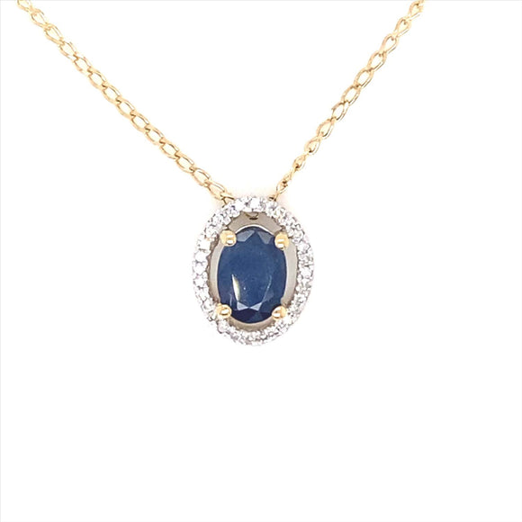 9k YG Oval Sapphire & Diamond Pendant with Oval Link Chain 1mm wide